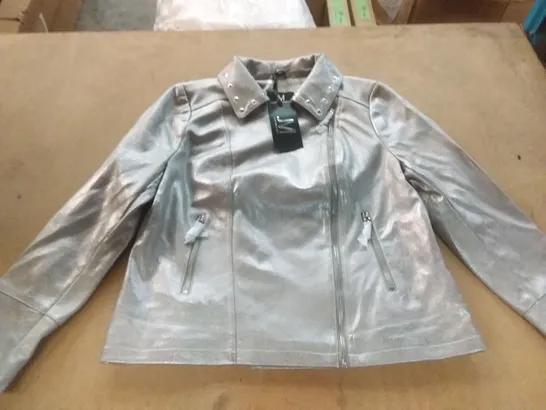 BOX OF APPROXIMATELY 12 JULIEN MACDONALD METALLIC BIKER JACKET IN SILVER - SIZE 16