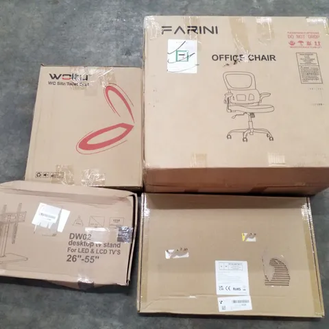 PALLET OF ASSORTED PRODUCTS INCLUDING OFFICE CHAIR, TOILET SEAT, DESKTOP TV STAND, A3 LIGHT PAD