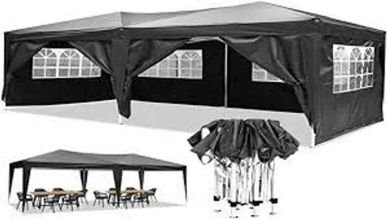 BRAND NEW BOXED YUEBO BLACK FOLDING GAZEBO TENT 3 X 6 M WATERPROOF FOLDING TENTS WITH 6 WALLS, UV PROTECTION FOLDING GAZEBO GARDEN PERGOLAS TENTS FOR OUTDOORS, PARTIES (1 BOX)