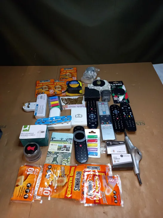 LOT OF ASSORTED ITEMS TO INCLUDE REMOTE CONTROLS, 3 WAY ADAPTOR AND TAPE MEASURES