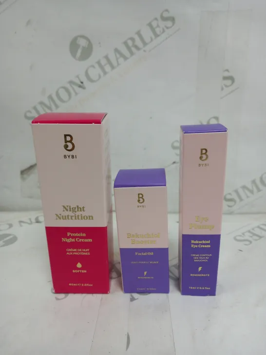 BOXED BYBI SET OF 3 HEALTH AND BEAUTY ITEMS TO INCLUDE NIGHT CREAM, FACIAL OIL, AND EYE CREAM