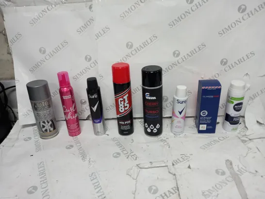 APPROXIMATELY 15 ASSORTED AEROSOLS TO INCLUDE NIVEA SHAVING CREAM, SURE ACTIVE DRY, AND WAVES CHERRY ETC. 