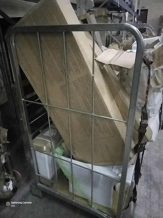 CAGE OF ASSORTED ITEMS TO INCLUDE TOILET, SINK, BASIN CABINETS, MATTRESS TOPPER ETC