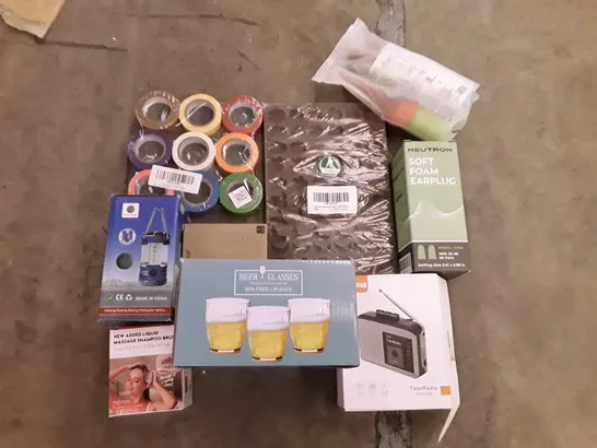 PALLET CONTAING 6 BOXES OF ASSORTED PRODUCTS INCLUDING ELETRICAL TAPE, TAPE RADIO, BEER GLASSES, EARPLUGS, GUMMY MOLDS, LED NIGHT LIGHT