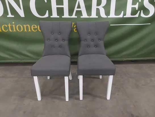 SET OF 2 BEWLEY SLATE FABRIC BUTTON BACK DINING CHAIRS WITH WHITE LEGS 