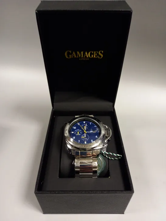 BOXED GAMAGES MOMENTUM STEEL BLUE DIAL WATCH 