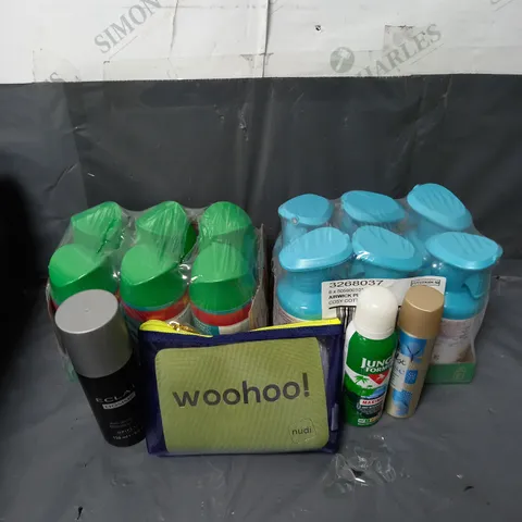 BOX OF APPROXIMATELY 10 ASSORTED AEROSOLS TO INCLUDE - ECLAT HOMME ANTI-PERSPIRANT - AIRWICK COSY COTTAGE AIR FRESHENER - JUNGLE FORMULA INSECT REPELLENT - ETC - COLLECTION ONLY