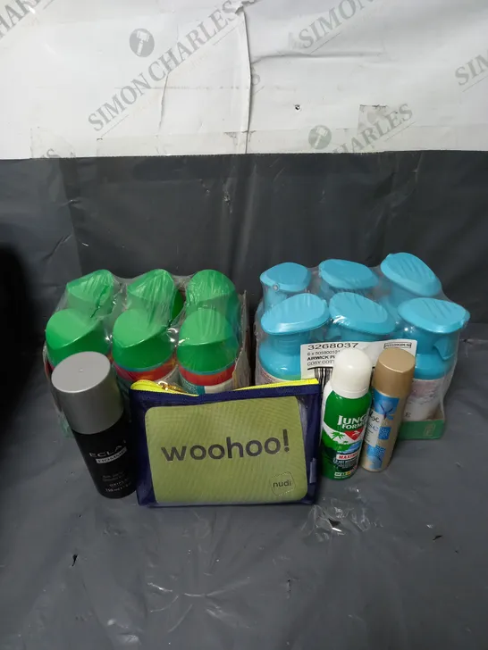 BOX OF APPROXIMATELY 10 ASSORTED AEROSOLS TO INCLUDE - ECLAT HOMME ANTI-PERSPIRANT - AIRWICK COSY COTTAGE AIR FRESHENER - JUNGLE FORMULA INSECT REPELLENT - ETC - COLLECTION ONLY