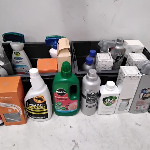 LOT OF ASSORTED HOUSEHOLD LIQUID ITEMS TO INCLUDE PLAGRON TERRA BLOOM, SANCTUARY SPA DIFFUSER AND GOLD LEAF INDOORS -2 CRATES