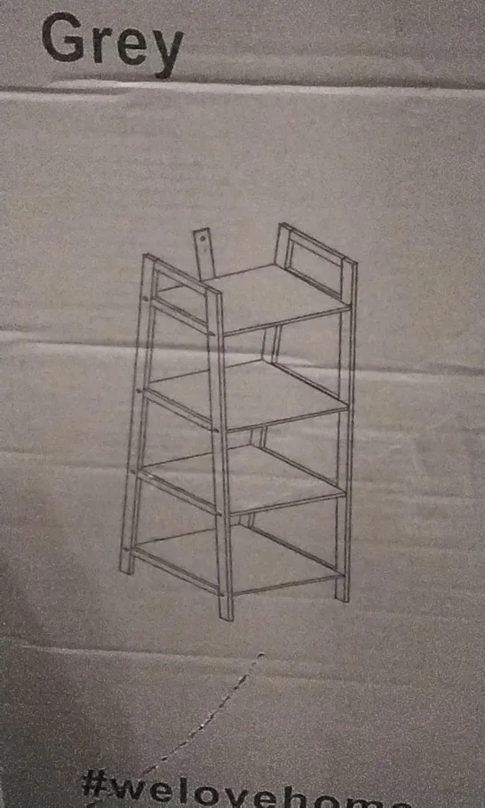 BOXED  4 TIER LADDER STYLE SHELF UNIT IN GREY 