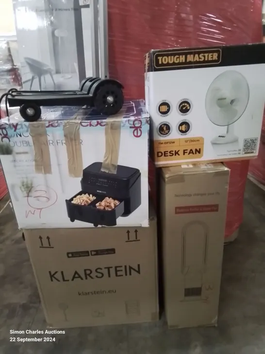 PALLET OF MIXED BOXED HOUSEHOLD ITEMS TO INCLUDE; FANS, AIR FRYER, TROLLEY, MIRROR TILES ETC.