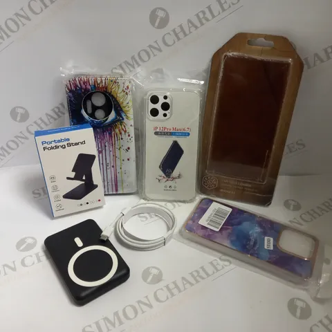 BOX OF APPROX 10 ITEMS INCLUDING ASSORTED PHONE CASES, POWER CABLES AND PORTABLE FOLDING PHONE STAND