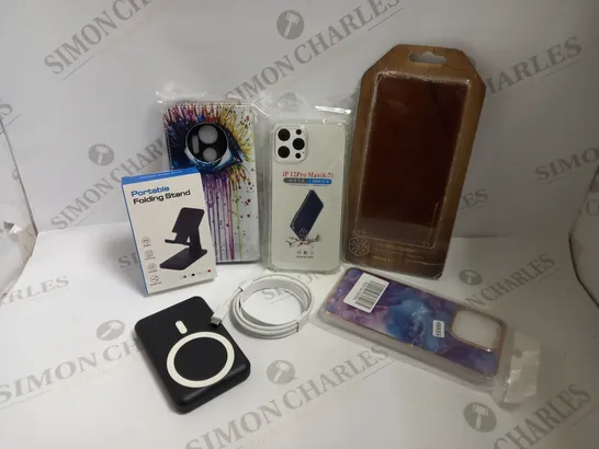 BOX OF APPROX 10 ITEMS INCLUDING ASSORTED PHONE CASES, POWER CABLES AND PORTABLE FOLDING PHONE STAND