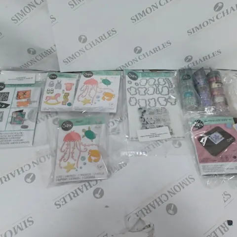 APPROXIMATELY 10 SIZZIX CRAFTING ITEMS TO INCLUDE THINLITS DIE, SEQUIN AND BEADS, AND MINI STAMPERS SECRET WEAPON ETC. 