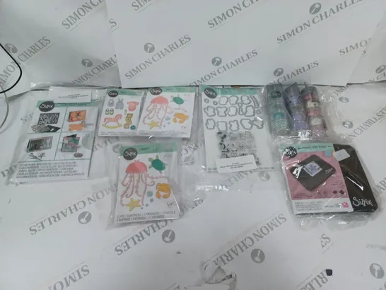 APPROXIMATELY 10 SIZZIX CRAFTING ITEMS TO INCLUDE THINLITS DIE, SEQUIN AND BEADS, AND MINI STAMPERS SECRET WEAPON ETC. 