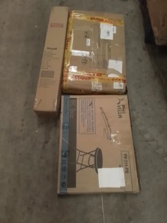 PALLET OF APPROXIMATELY ASSOQRTED HOUSEHOLD ITEMS TO INCLUDE OUTDOOR DESK , CHAIR MAT AND DRAWER SET 