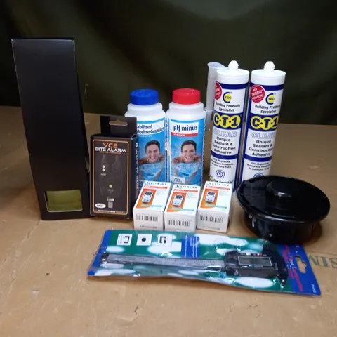 LOT OF APPROXIMATEY 14 ITEMS TO INCLUDE TEC CT1 CLEAR SEALANT (290ml), ACCU-CHEK MOBILE 50 TESTS IN 1, CARBON FIBER COMPOSITES DIGITAL CALIPER, ETC