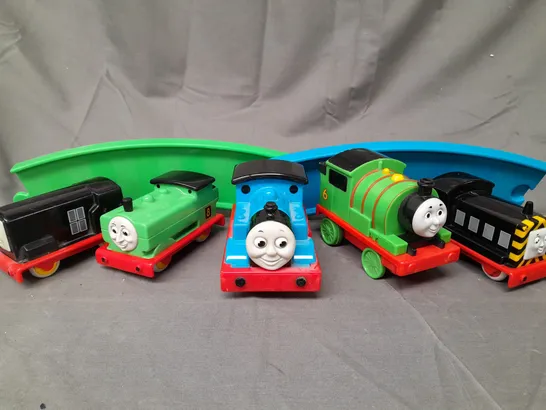 BOX OF ASSORTED THOMAS THE TANK ENGINE TRAINS AND TRACK PIECES