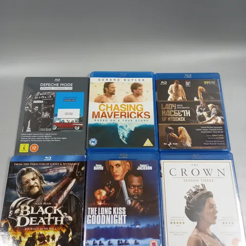 6 X ASSORTED BLU-RAY FILMS/SERIES TO INCLUDE THE CROWN, BLACK DEATH, CHASING MAVERICKS ETC 