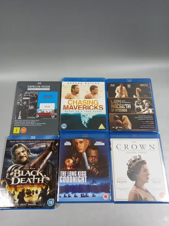 6 X ASSORTED BLU-RAY FILMS/SERIES TO INCLUDE THE CROWN, BLACK DEATH, CHASING MAVERICKS ETC 