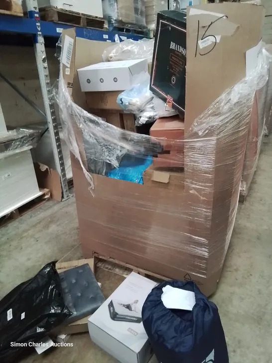 PALLET OF ASSORTED ITEMS, INCLUDING, QUEEN AIR MATTRESS, SOFT CLOSE TOILET SEAT, GET FIT AIR MATTRESS, PEDESTAL FAN, NON STICK WOK PAN, BATHROOM MIRROR,