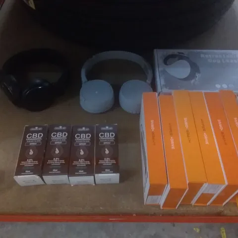 BOX OF APPROXIMATELY 14 ITEMS INCLUDING CBD OILS, HYPERDRIVE 6-IN-1 USB-C HUB, HEADSETS