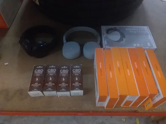 BOX OF APPROXIMATELY 14 ITEMS INCLUDING CBD OILS, HYPERDRIVE 6-IN-1 USB-C HUB, HEADSETS