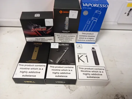 APPROXIMATELY 24 ASSORTED E-CIGARETTES AND E-CIGARETTE PARAPHERNALIA TO INCLUDE; CALIBURN, VOOPOO AND GEEK VAPE