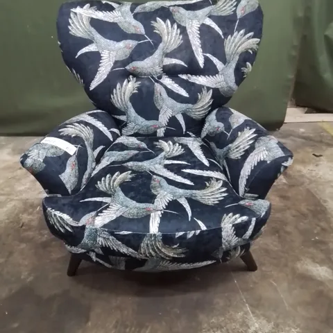 QUALITY BRITISH DESIGNER LOUNGE Co. UPHOLSTERED OCCASSIONAL CHAIR BIRDS OF PARADISE BLUE FABRIC 