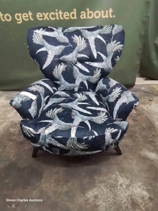 QUALITY BRITISH DESIGNER LOUNGE Co. UPHOLSTERED OCCASSIONAL CHAIR BIRDS OF PARADISE BLUE FABRIC 