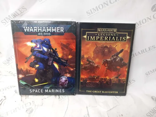 TWO SEALED WARHAMMER BOOKS TO INCLUDE; YHE HORUS HERESY LEGIONS IMPERIALIS THE GREAT SLAUGHTER AND 40,000 CODEX SPACE MARINES