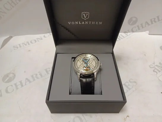 MENS VONLANTHEN AUTOMATIC WATCH – SILVER AND BLUE TEXTURED DIAL - GLASS EXHIBITION BACKCASE – BLACK LEATHER STRAP