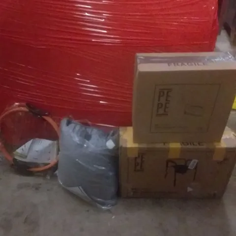 PALLET OF ASSORTED ITEMS INCLUDING TOILET RISER, BEDSIDE COMMODE, HEATED CUSHION, STRETCH WAIST BAND