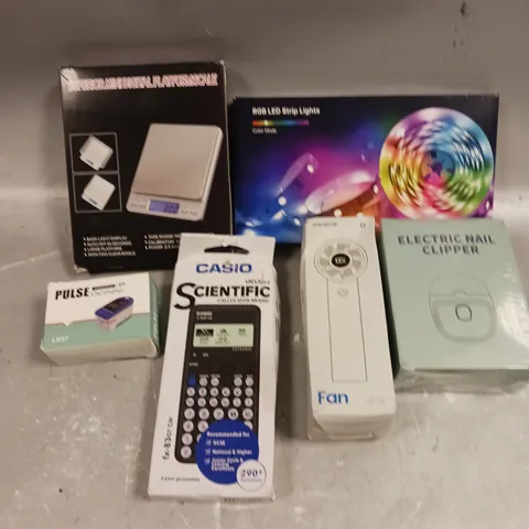 APPROXIMATELY 10 ASSORTED ELECTRICAL PRODUCTS TO INCLUDE LED STRIP LIGHTS, HANDHELD FAN, PULSE OXIMETER ETC 