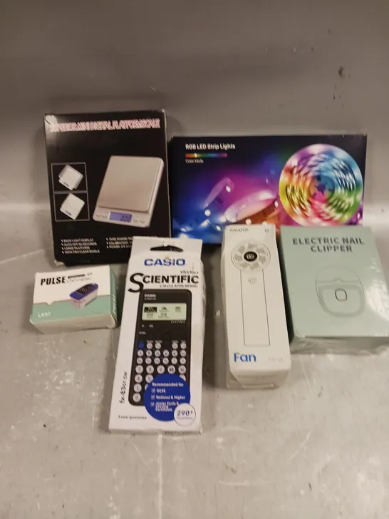 APPROXIMATELY 10 ASSORTED ELECTRICAL PRODUCTS TO INCLUDE LED STRIP LIGHTS, HANDHELD FAN, PULSE OXIMETER ETC 