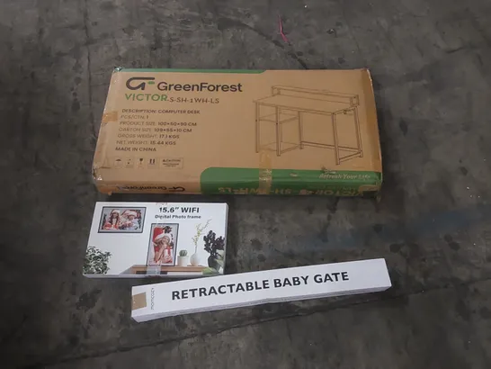 PALLET OF ASSORTED HOUSEHOLD ITEMS AND CONSUMER PRODUCTS TO INCLUDE; RETRACTABLE BABY GATE, COMPUTER DESK, DIGITAL PHOTO FRAME ETC