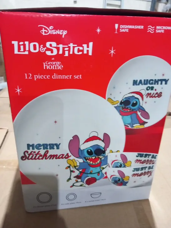 TWO BRAND NEW BOXED DISNEY LILO AND STITCH 12 PIECE CHRISTMAS DINNER SETS TO INCLUDE; 4 DINNER PLATES, 4 SIDE PLATES AND 4 CEREAL BOWLS