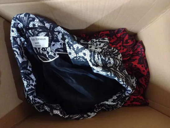 BOX OF 4 HELENE BERMAN LACE BLAZERS IN RED/BLACK & BLACK/WHITE, ONE EACH SIZE 10 & 12