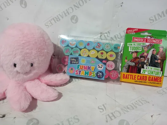 BOX OF APPROXIMATELY 10 ASSORTED TOYS AND GAMES TO INCLUDE HORRIBLE HISTORIES BATTLE CARD GAMES, HOBBY WORLD FUNKY STAMPS, WITH SNUGGLES PLUSH OCTOPUS, ETC