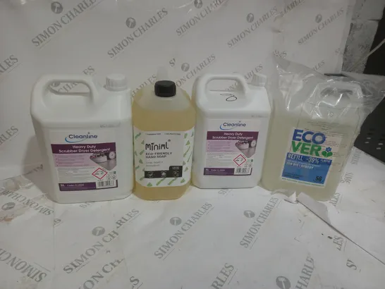 4 ASSORTED LIQUIDS TO INCLUDE A MINIML ECO FRIENDLY HAND SOAP AND A HEAVY DUTY SCRUBBER DRYER DETERGENT - COLLECTION ONLY