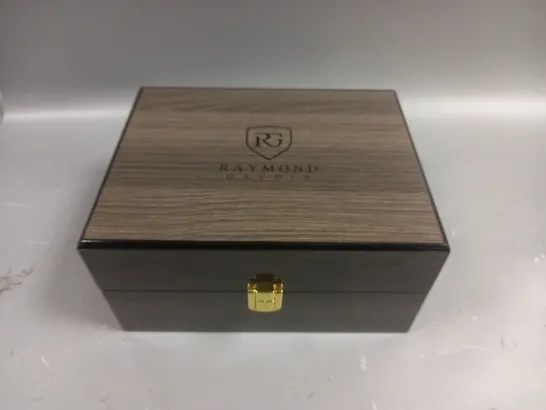 RAYMOND GADUIN STAINLESS STEEL GENTS WATCH WITH JAPANESE MIYOTA MOVEMENT IN WOODEN GIFT BOX