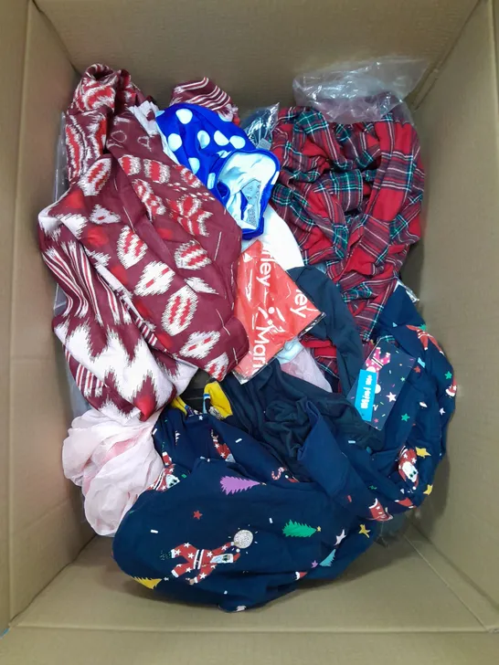 LARGE BOX OF ASSORTED CLOTHING ITEMS IN VARIOUS COLOURS AND SIZES INCLUDING TROUSERS , TOPS AND JUMPERS 