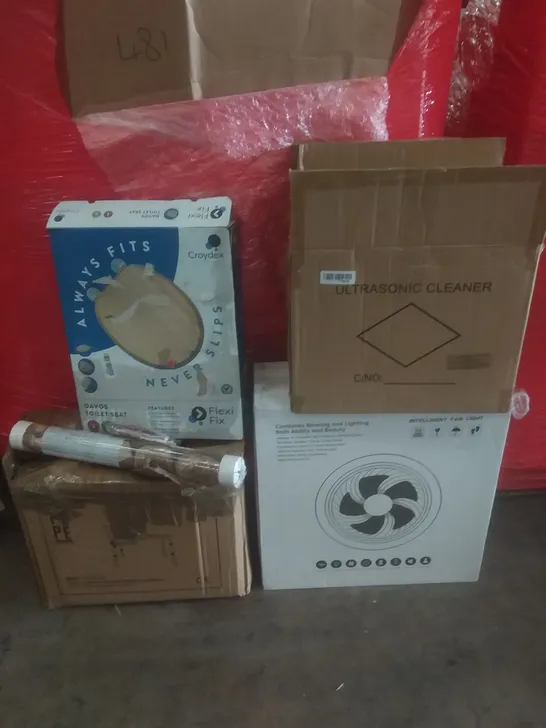 PALLET OF ASSORTED ITEMS INCLUDING ULTRASONIC CLEANER, TOILET SEAT, BATH TRANSFER BENCH