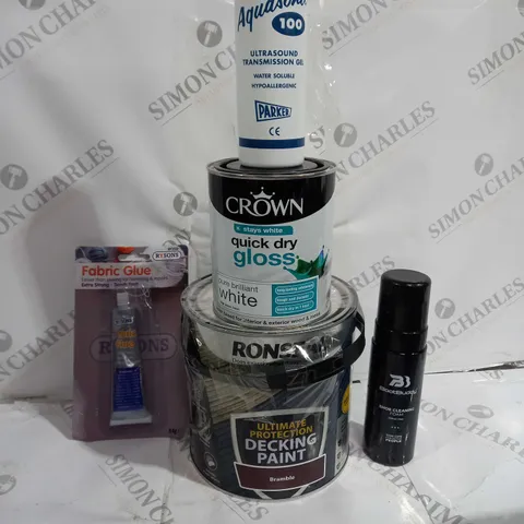 BOX OF 10 ASSORTED ITEMS TO INCLUDE - RYSONS FABRIC BLUE - CROWN QUICK DRY GLOSS - BOOTBUDDY SHOE CLEANING FOAM ECT 