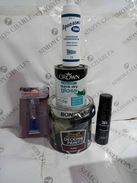 BOX OF 10 ASSORTED ITEMS TO INCLUDE - RYSONS FABRIC BLUE - CROWN QUICK DRY GLOSS - BOOTBUDDY SHOE CLEANING FOAM ECT 