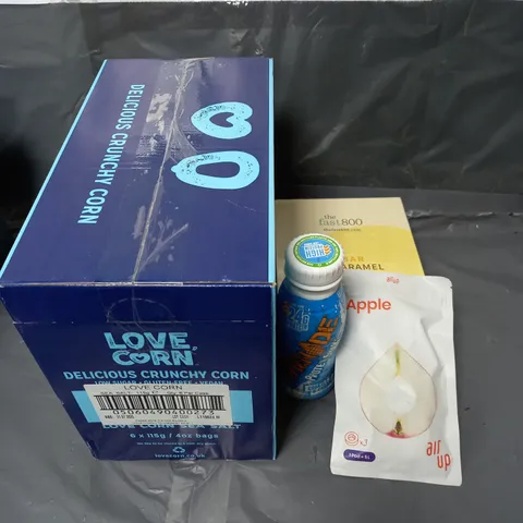 APPROXIMATELY 4 ASSORTED FOOD & DRINK ITEMS TO INCLUDE - GRENADE COOKIES & CREAM PROTEIN SHAKE - LOVE CORN SEA SALT SNACKS - THEFAST800 PEANUT CARAMEL PROTEIN BARS - ETC - ETC