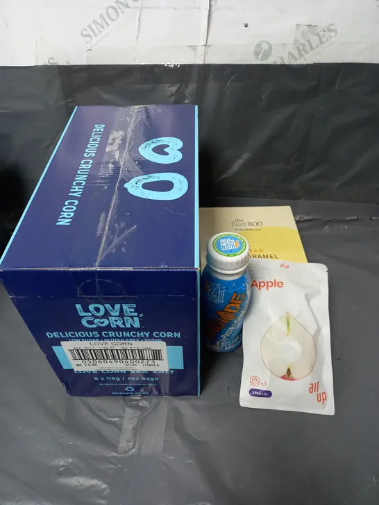 APPROXIMATELY 4 ASSORTED FOOD & DRINK ITEMS TO INCLUDE - GRENADE COOKIES & CREAM PROTEIN SHAKE - LOVE CORN SEA SALT SNACKS - THEFAST800 PEANUT CARAMEL PROTEIN BARS - ETC - ETC