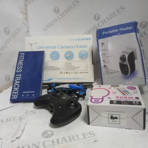 BOX OF APPROXIMATELY 5 ITEMS TO INCLUDE DRONE SET, PORTABLE HEATER, FITNESS TRACKER ETC