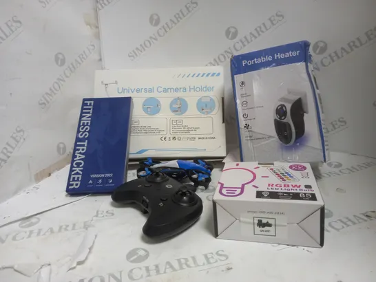 BOX OF APPROXIMATELY 5 ITEMS TO INCLUDE DRONE SET, PORTABLE HEATER, FITNESS TRACKER ETC