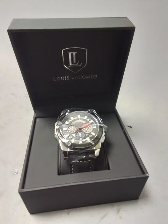 LOUIS LACOMBE GENTS STAINLESS STEEL CHRONOGRAPH WATCH WITH BLACK STRAP IN GIFT BOX